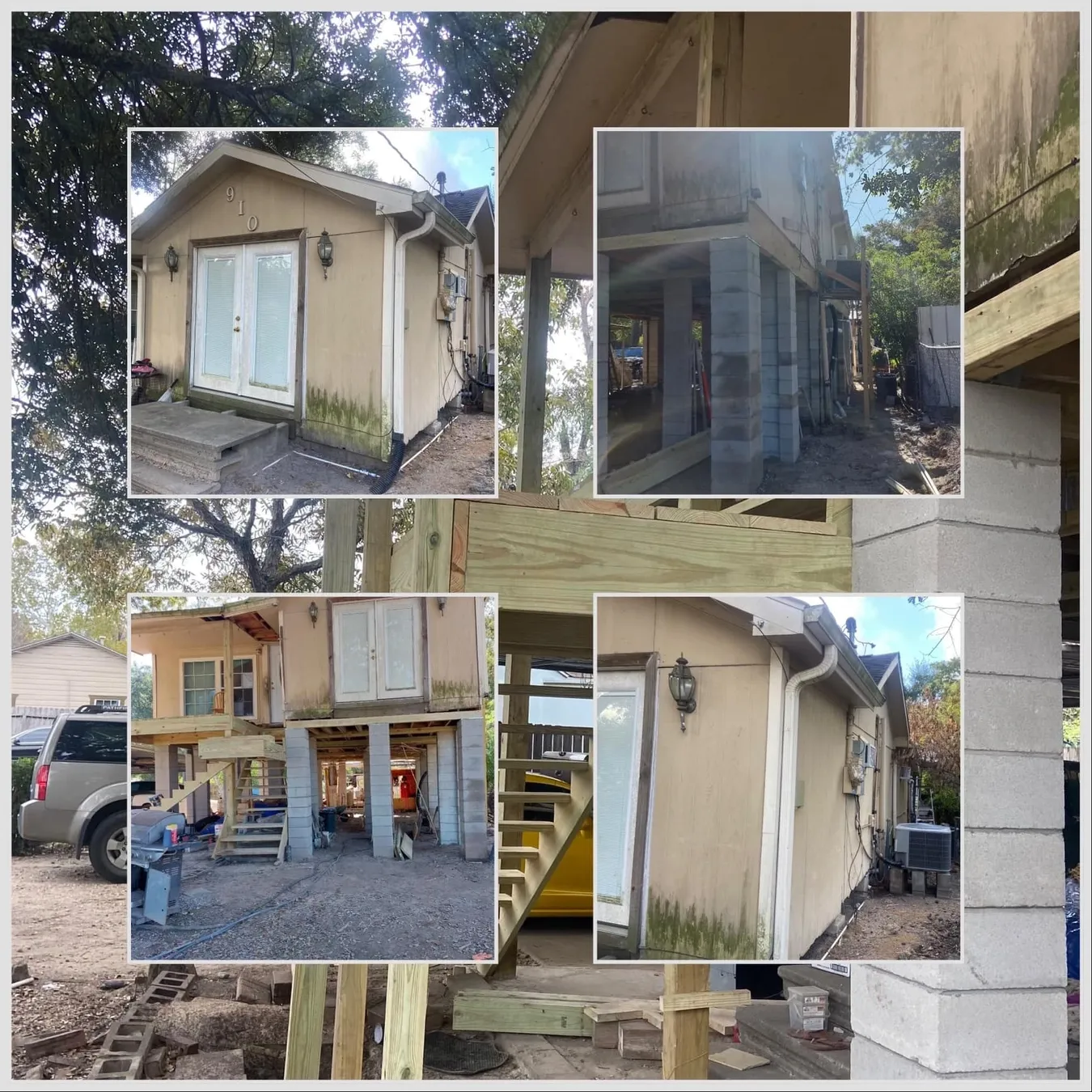 Collage documenting a small residential structure elevated on masonry supports during foundation work
