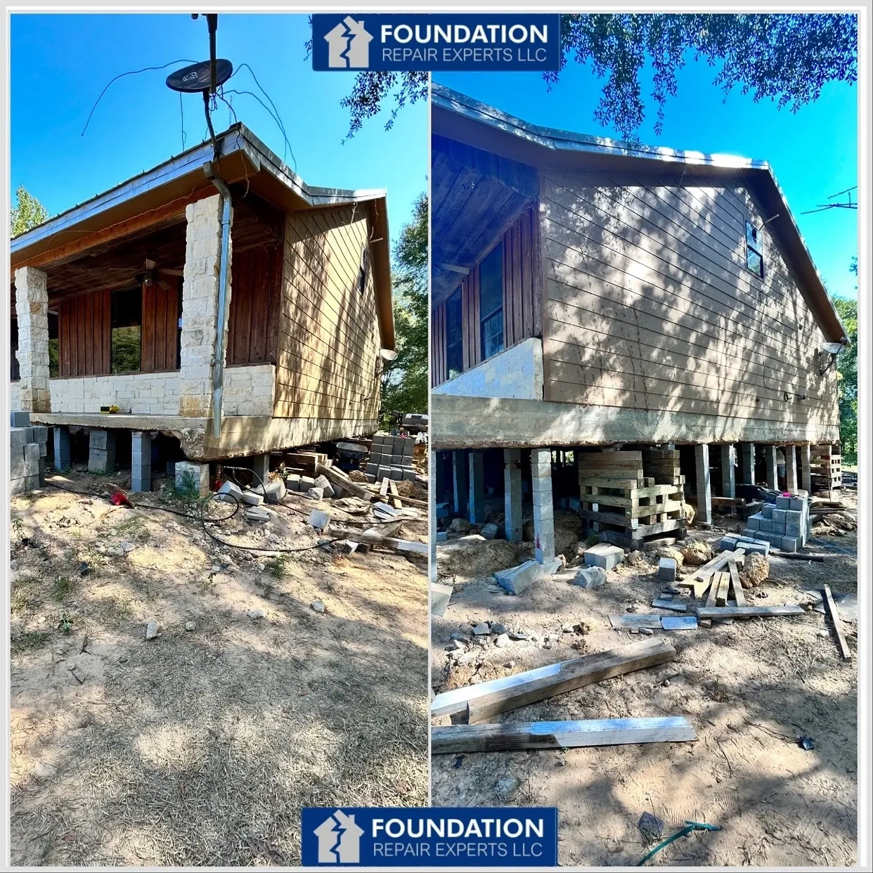 Home elevated above masonry piers and temporary cribbing during foundation work